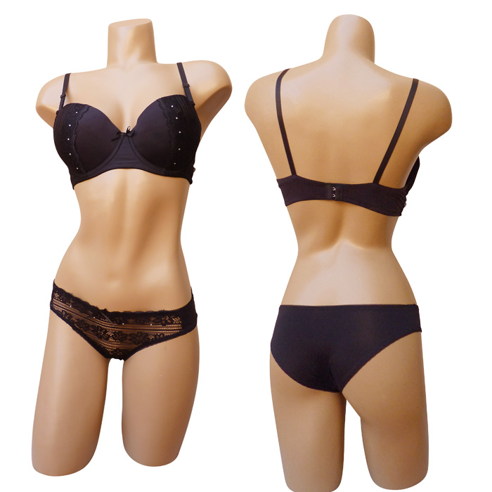 Grossiste <!--Lingerie-->Ensemble soutien gorge noir rembourré avec slip