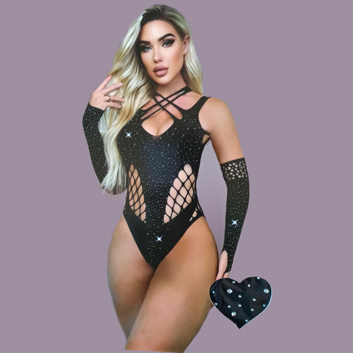 Grossiste <!--Lingerie hyper sexy-->Body très sexy maille filet stretch paillette